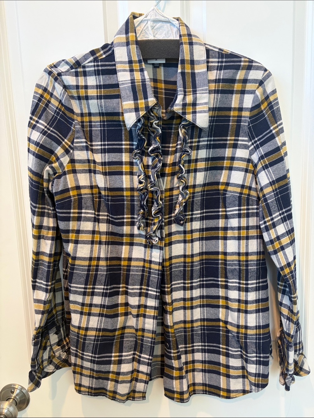 Cabi women’s Plaid Ruffle-Front Button-Down Shirt - Navy, White & Mustard